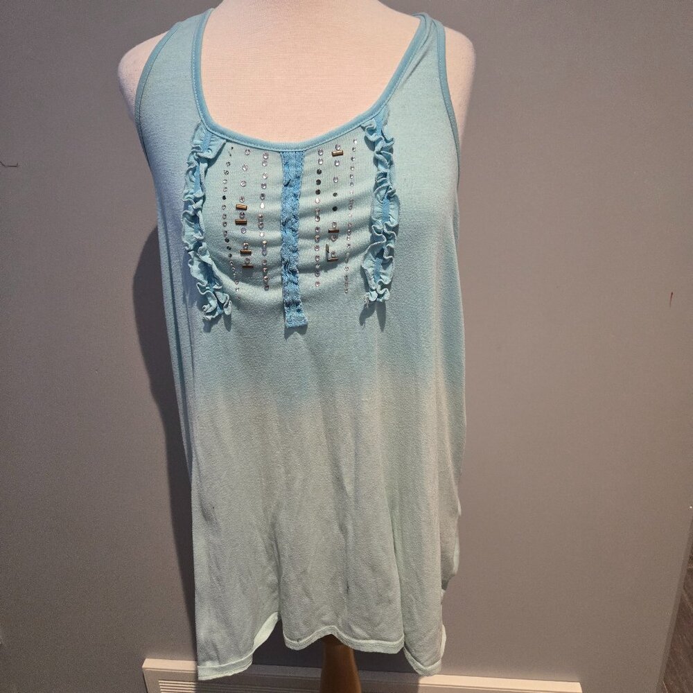 Miken Swim Embellished Ruffle Tank Top Cover Up | Size Medium | Aqua